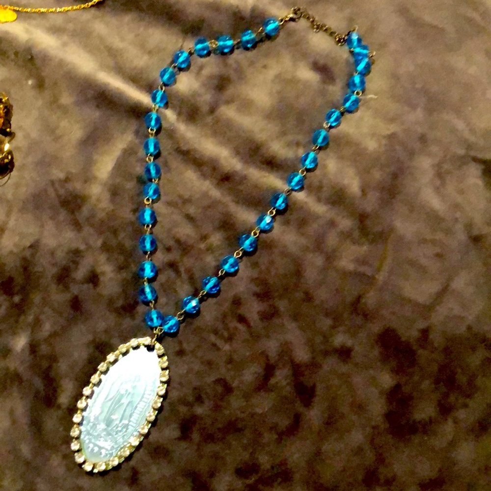 Our Lady of Guadalupe aqua/turquoise crystal necklace.